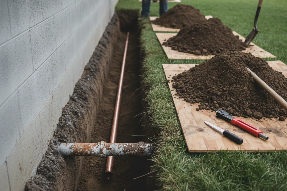 Excavated water line trench during Water Softener Installation in Millbury